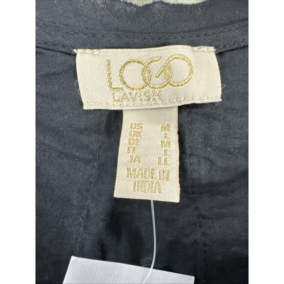LOGO Lavish by Lori Goldstein Woven Button Front Top with Lace Trim Size M Black - Picture 8 of 13